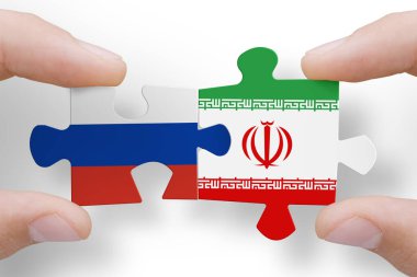 Puzzle made from flags of Russia and Iran. Russia and Iran relations and military coperation