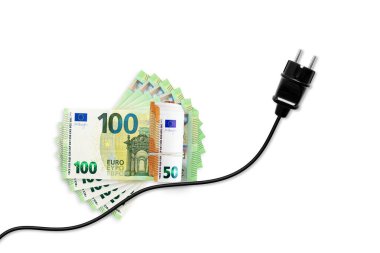 Euro banknotes on a white background. Energy crisis and expensive electricity, gas price. Big heating, gas and electricity bill