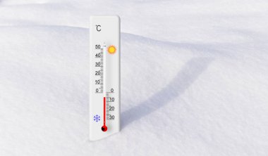 White celsius scale thermometer in the snow. Ambient temperature minus 5 degrees