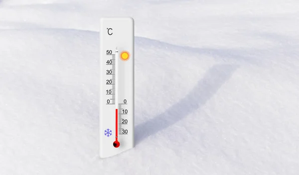 White celsius scale thermometer in the snow. Ambient temperature minus 5 degrees
