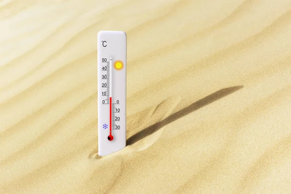 Une Chaude Journée Été Thermomètre Échelle Celsius Dans Sable Température — Photo