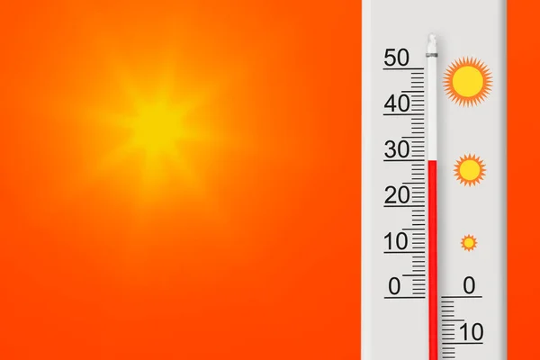 Termometro Scala Celsius Mostra Più Gradi Sole Giallo Nel Cielo — Foto Stock