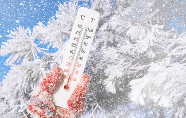 Beyaz santigrat ve fahrenheit termometre ellerinde. Çevre sıcaklığı eksi 21 derece.