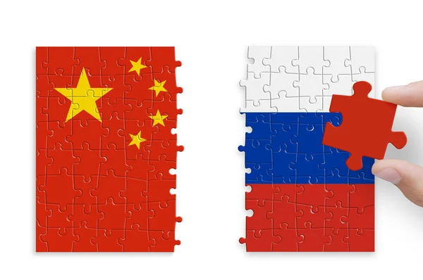 Çin Rusya Nın Bayraklarından Yapılmış Bir Bulmaca Rusya Çin Ilişkileri — Stok fotoğraf