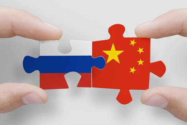 Головоломка Флагов России Китая Российско Китайские Отношения Военное Сотрудничество — стоковое фото