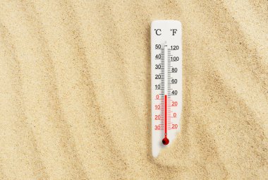 Sıcak yaz günü. Kumda Celsius ve Fahrenheit termometresi. Çevre sıcaklığı artı 4 derece