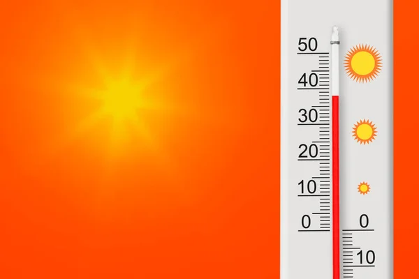Термометр Шкалу Цельсія Показує Плюс Градусів Жовте Сонце Червоному Небі — стокове фото