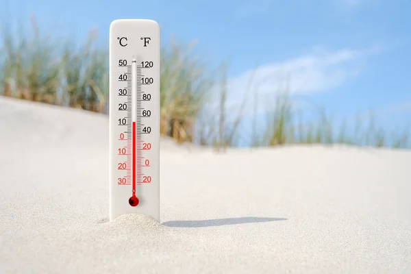 Gorący Letni Dzień Termometr Skali Celsjusza Fahrenheita Piasku Temperatura Otoczenia — Zdjęcie stockowe