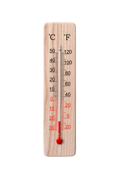 木制温度和华氏温标温度计在白色背景上隔离 环境温度负21度 — 图库照片
