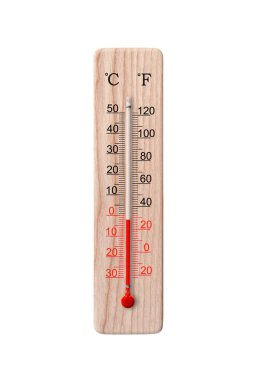 Tahta santigrat ve fahrenhayt ölçekli termometre beyaz arka planda izole edilmiş. Çevre sıcaklığı eksi 2 derece
