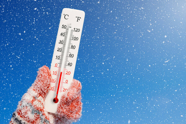 White celsius and fahrenheit scale thermometer in hand. Ambient temperature minus 5 degrees celsius