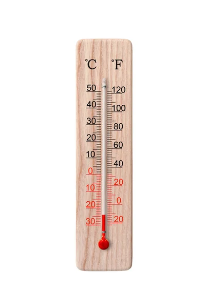 Tahta Santigrat Fahrenhayt Ölçekli Termometre Beyaz Arka Planda Izole Edilmiş — Stok fotoğraf