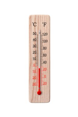 Tahta santigrat ve fahrenhayt ölçekli termometre beyaz arka planda izole edilmiş. Çevre sıcaklığı eksi 3 derece