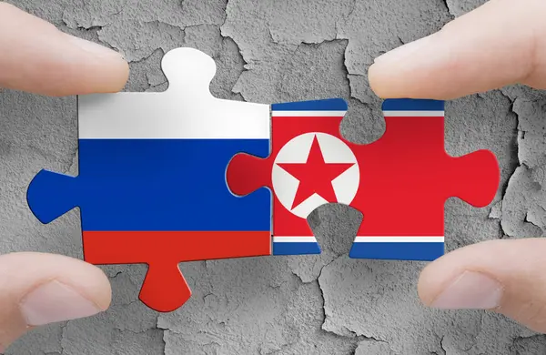 Venäjän Lippu Maalattu Seinään Venäjä Pohjois Korean Sotilasyhteistyö — kuvapankkivalokuva