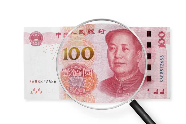 One Hundred Yuan Note White Background View Magnifying Glass — Stock Photo, Image
