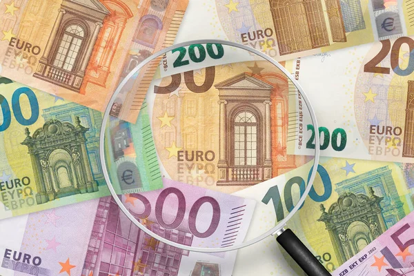 Concept Financial Crisis Recession Euro Notes View Magnifying Glass — Stock Photo, Image