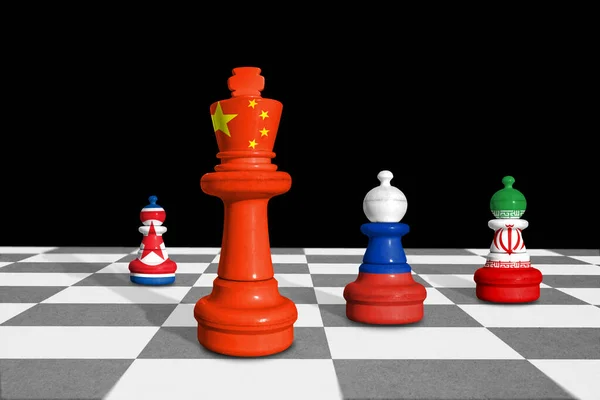 Chess made from flags of China, Russia, Iran and North Korea. Russia and China relations and military collaboration