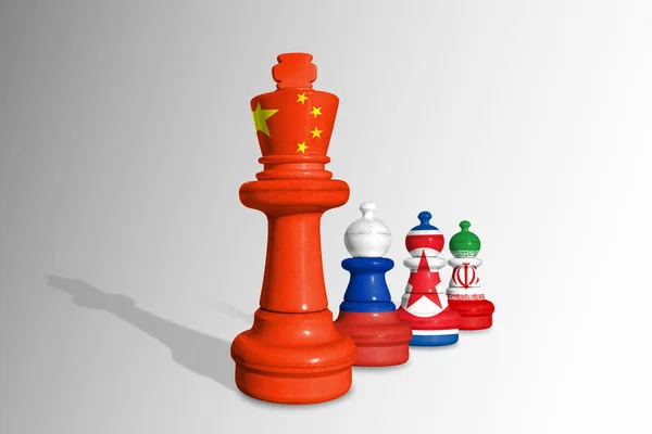 Chess made from flags of China, Russia, Iran and North Korea. Russia and China relations and military collaboration