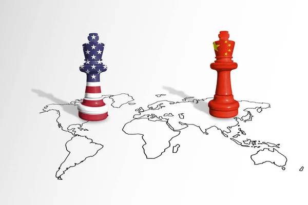 Chess made from USA and China flags on a world map. USA and China trade war. China and United States of America trade competition