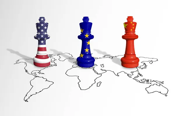 Chess made from USA, EU and China flags on a world map. China, Europe Union and United States of America trade competition