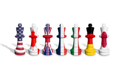 Yedi ya da G7 grubunun bayrakları. Beyaz arka planda ABD, Kanada, İngiltere, Fransa, İtalya, Almanya ve Japonya bayraklarından yapılan satranç