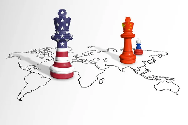Chess made from USA and China with Russia  flags on a world map. USA and China war. China and United States of America trade competition