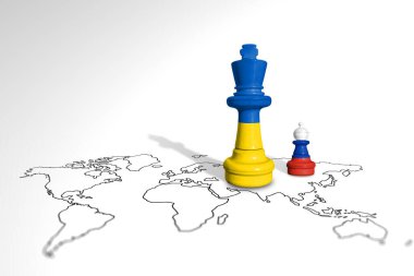 Dünya haritasında Ukrayna ve Rusya bayraklarından yapılmış bir satranç. Rus askeri saldırısı. 