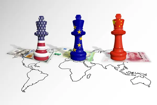 Chess made from USA, EU and China flags on a white background. Chess made from China, Europe Union and United States of America flags