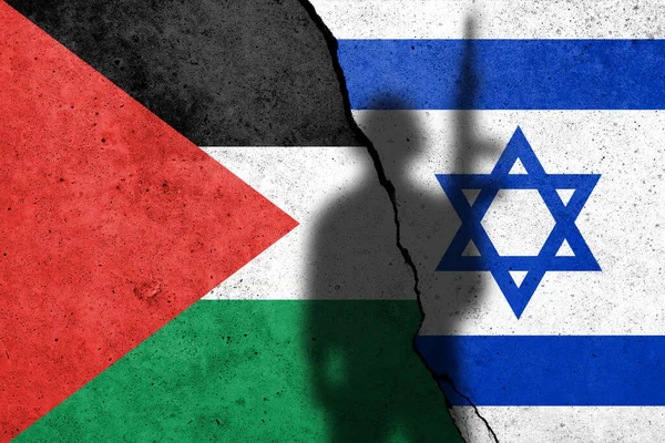 Прапори Ізраїлю Палестини Намальовані Бетонній Стіні Солдатською Тінь Газа Ізраїльський Ліцензійні Стокові Зображення