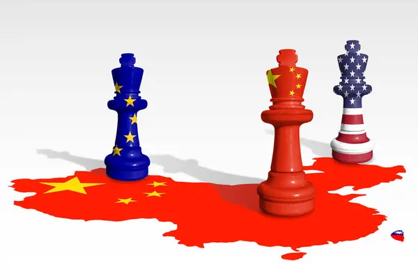 Chess made from China and EU, USA flags. Europe Union, USA and China relations