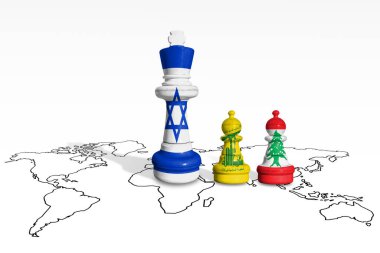 Dünya haritasında İsrail, Lübnan ve Hizbullah bayraklarından yapılmış bir satranç. Gazze ve İsrail savaşı