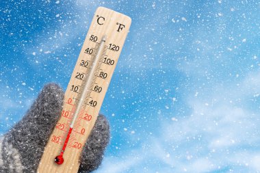 Tahta santigrat ve fahrenheit termometre ellerinde. Çevre sıcaklığı eksi 16 derece.