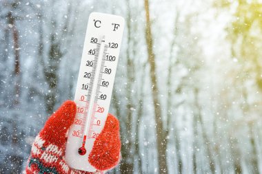 Beyaz santigrat ve fahrenheit termometre ellerinde. Çevre sıcaklığı eksi 28 derece.