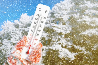 Beyaz santigrat ve fahrenheit termometre ellerinde. Çevre sıcaklığı eksi 21 derece.