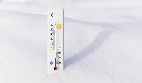 White celsius scale thermometer in the snow. Ambient temperature minus 19 degrees