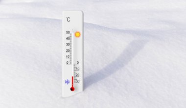 Karda beyaz santigrat termometresi. Çevre sıcaklığı eksi 20 derece.