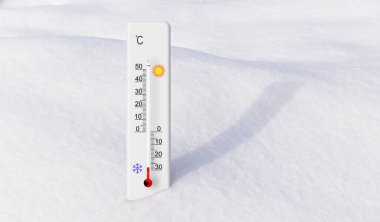 Karda beyaz santigrat termometresi. Çevre sıcaklığı eksi 28 derece.