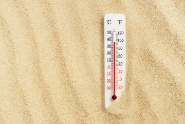 Sıcak yaz günü. Kumda Celsius ve Fahrenheit termometresi. Çevre sıcaklığı artı 38 derece.