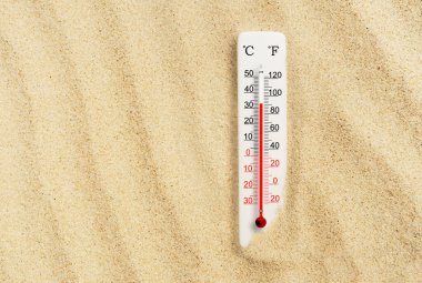 Sıcak yaz günü. Kumda Celsius ve Fahrenheit termometresi. Çevre sıcaklığı artı 33 derece.