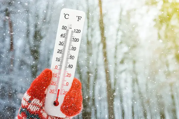 Beyaz santigrat ve fahrenheit termometre ellerinde. Çevre sıcaklığı eksi 24 derece.