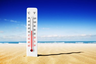 Sıcak yaz günü. Kumda Celsius ve Fahrenheit termometresi. Çevre sıcaklığı artı 15 derece 