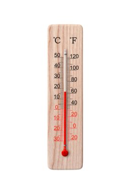 Tahta santigrat ve fahrenhayt ölçekli termometre beyaz arka planda izole edilmiş. Çevre sıcaklığı artı 17 derece