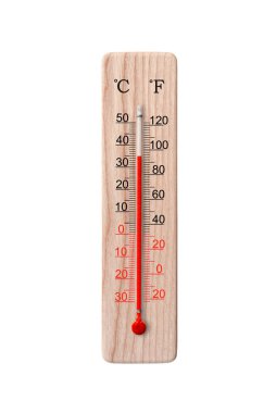 Tahta santigrat ve fahrenhayt ölçekli termometre beyaz arka planda izole edilmiş. Çevre sıcaklığı 35 derece
