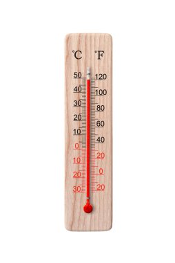 Tahta santigrat ve fahrenhayt ölçekli termometre beyaz arka planda izole edilmiş. Çevre sıcaklığı artı 49 derece.