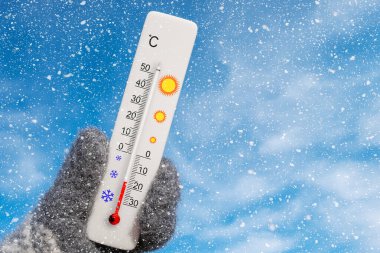 Beyaz santigrat termometresi elinde. Çevre sıcaklığı eksi 17 derece.