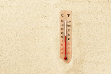 Sıcak yaz günü. Kumda Celsius ve Fahrenheit termometresi. Çevre sıcaklığı artı 15 derece