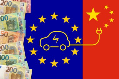 Avrupa Birliği bayraklarıyla ilgili Avro notları. Avrupa Birliği 'nde Çin elektrikli arabaları için vergi. AB ve Çin ticaret savaşı