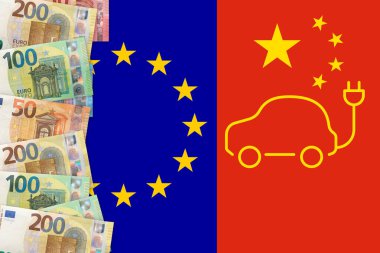 Avrupa Birliği bayraklarıyla ilgili Avro notları. Avrupa Birliği 'nde Çin elektrikli arabaları için vergi. AB ve Çin ticaret savaşı