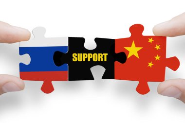 Puzzle made from flags of Russia and China. Russia and China relations and military collaboration clipart
