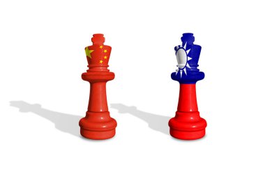 Çin ve Tayvan bayraklarından yapılan satranç beyaz arka planda izole edilmiştir.